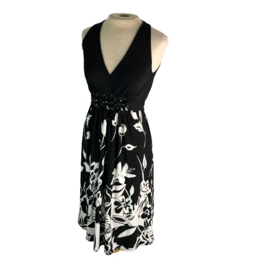 ECI Floral Beaded Tie Waist Mini Dress Black